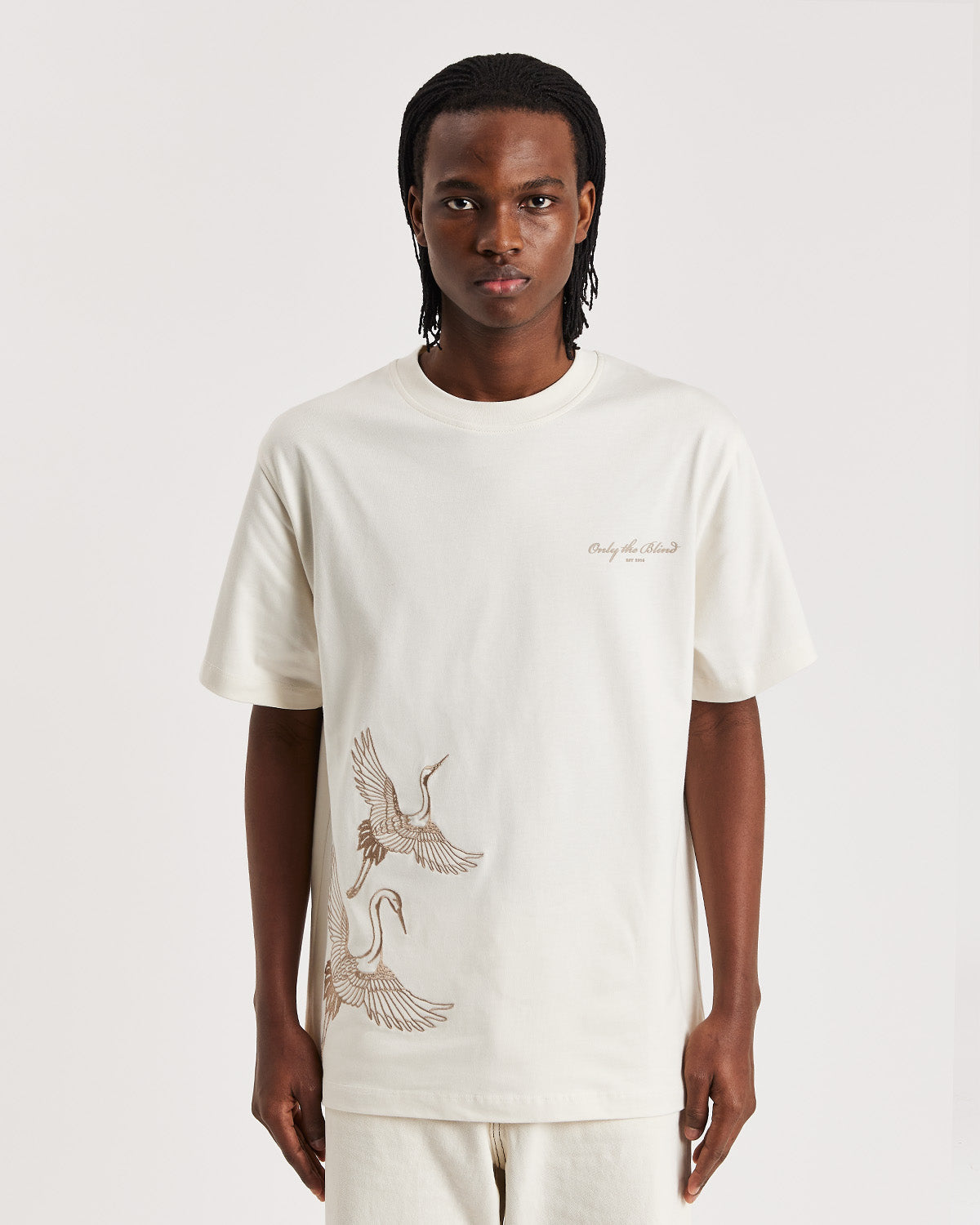 Ivory Crane Embroidered T-shirt - ONLY THE BLIND™